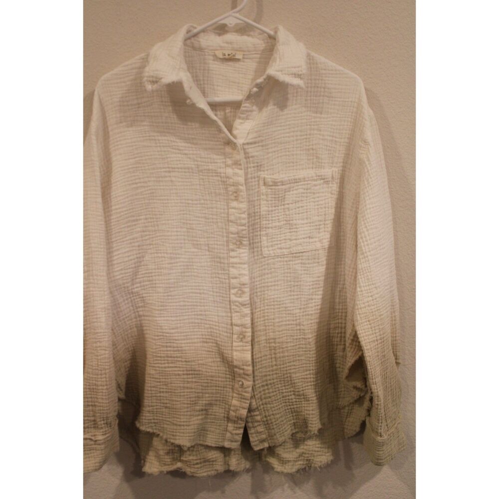 La Miel crinkled gauze button-down shirt cream tan ombre size small - Picture 1 of 9